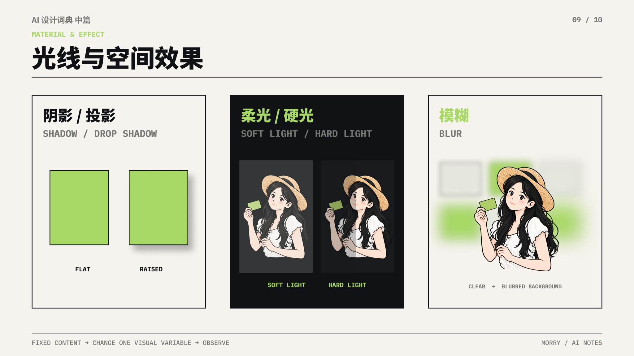 光影与材质反射|投影(Drop Shadow)/ 柔光与硬光(Soft vs. Hard Light)/ 哑光与光泽(Matte vs. Glossy)