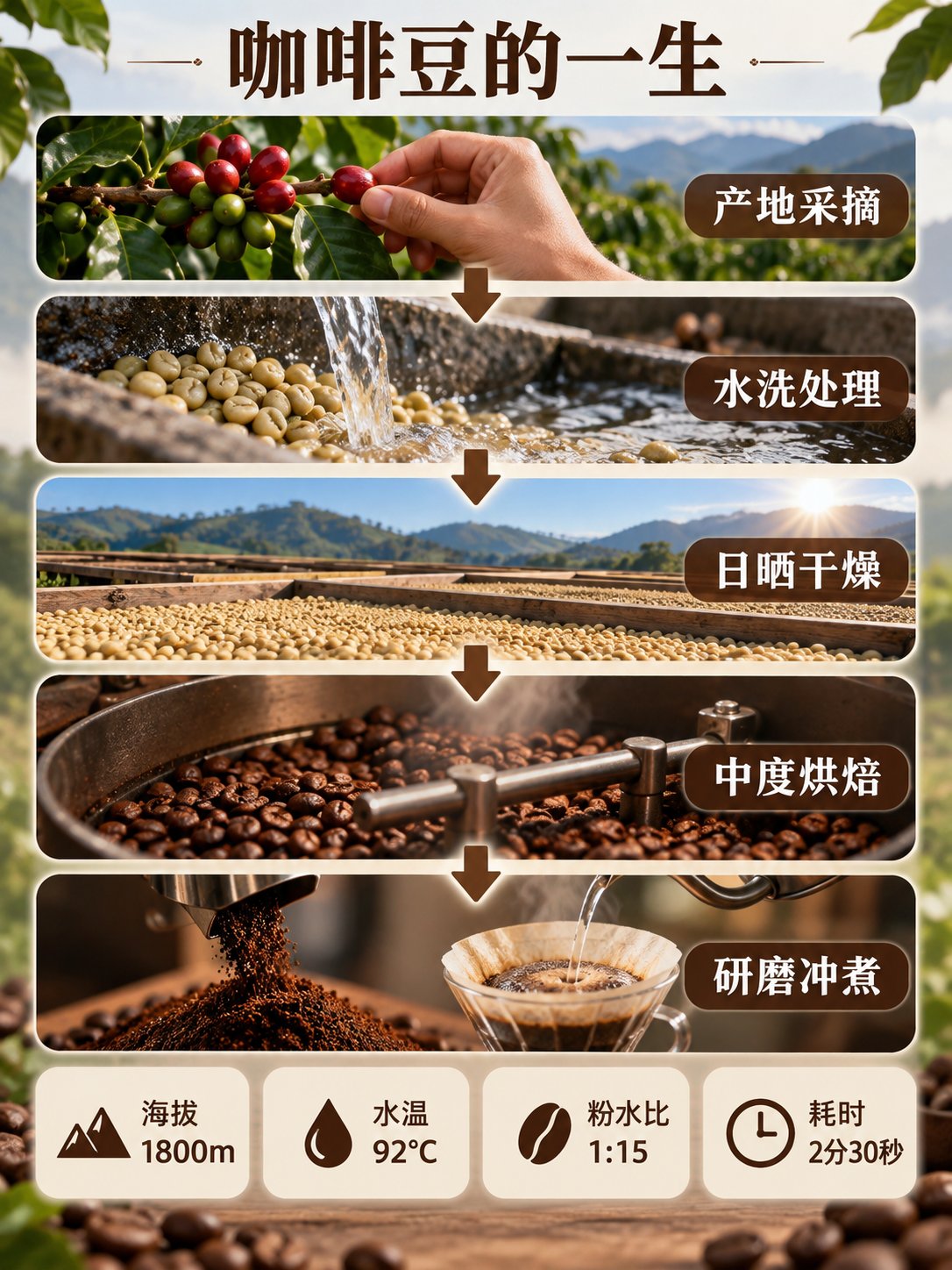 咖啡豆的一生原版中文信息图 (水温 92°C)
