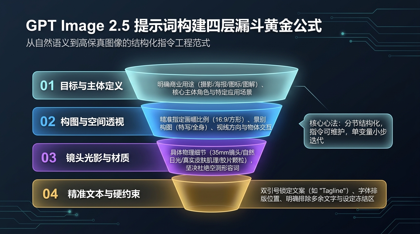 GPT Image 2.5 提示词构建四层漏斗黄金公式