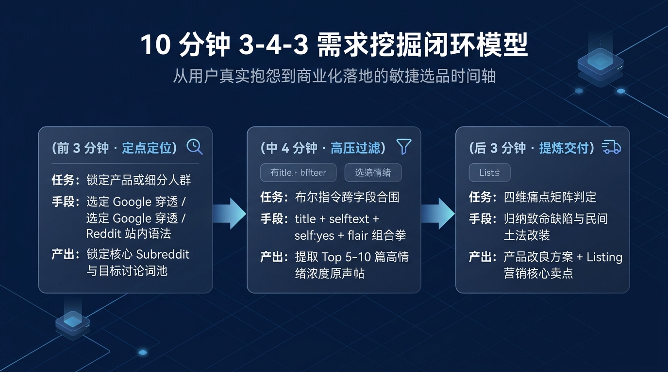 10 分钟 3-4-3 需求挖掘闭环模型与执行时间轴